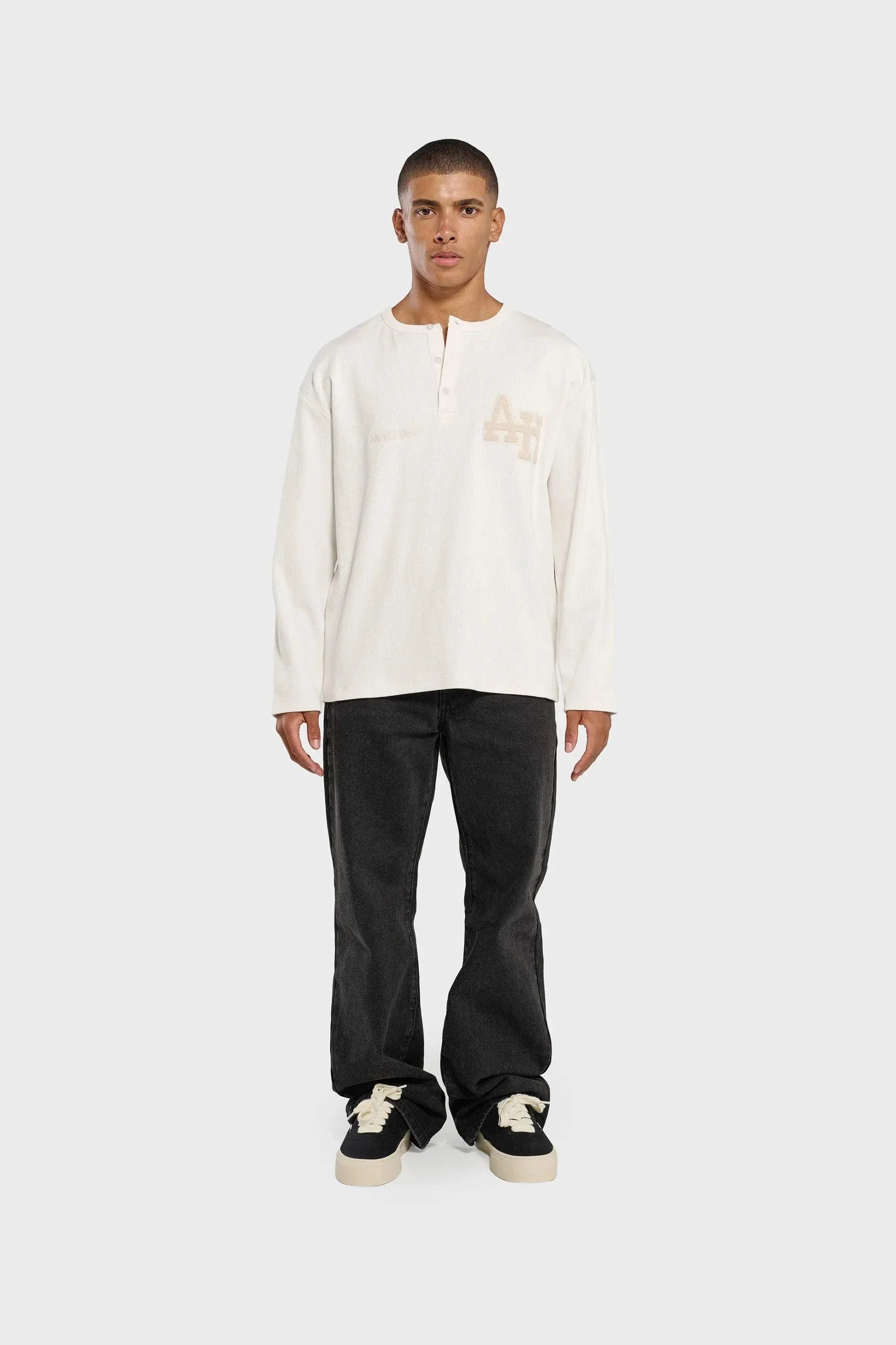 Annie Hood College Henley white ribbed cotton shirt with double embroidery logo