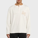 Annie Hood College Henley white ribbed cotton shirt with double embroidery logo, 280 gsm, oversized fit on model 5'7