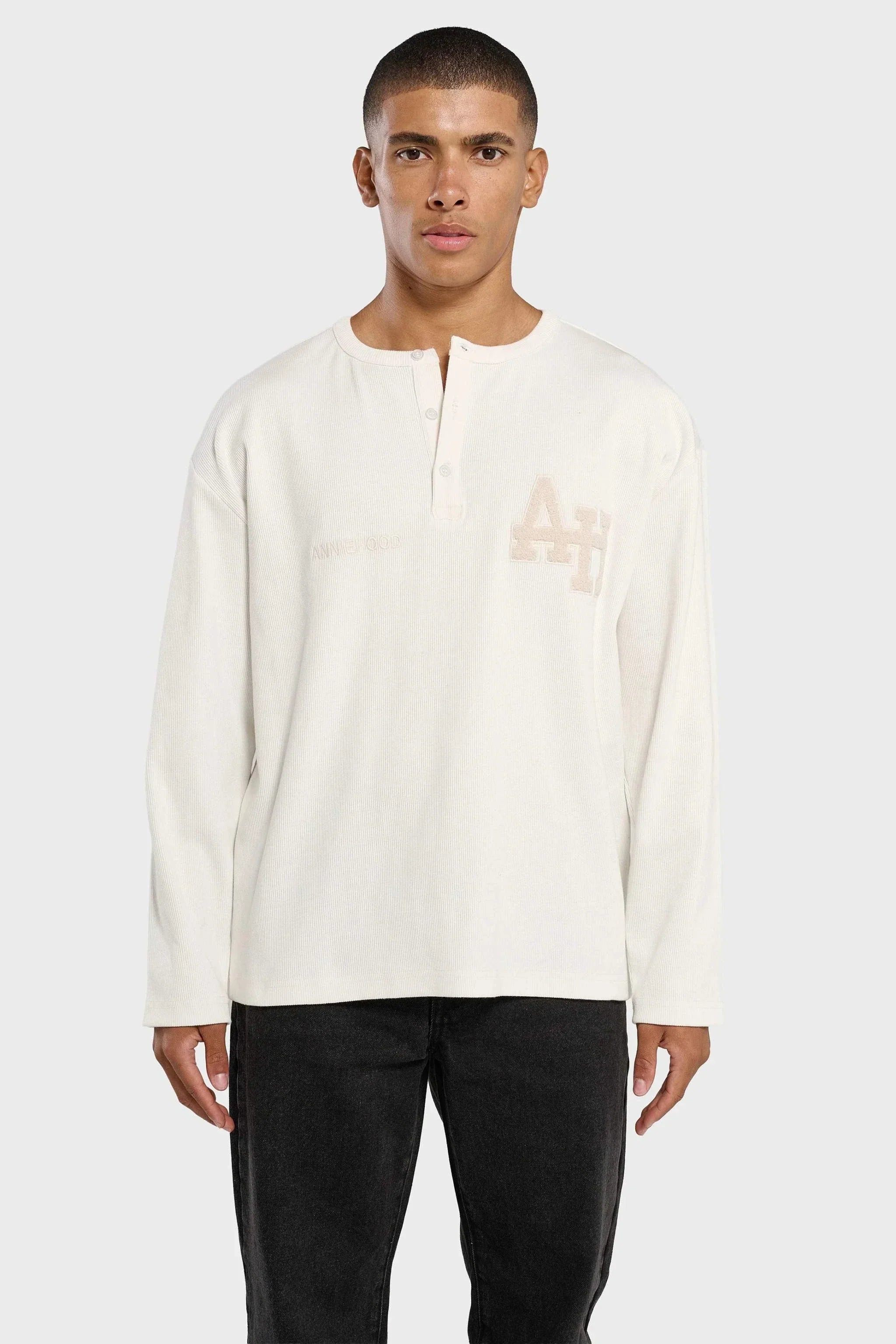 Annie Hood College Henley white ribbed cotton shirt with double embroidery logo, 280 gsm, oversized fit on model 5'7
