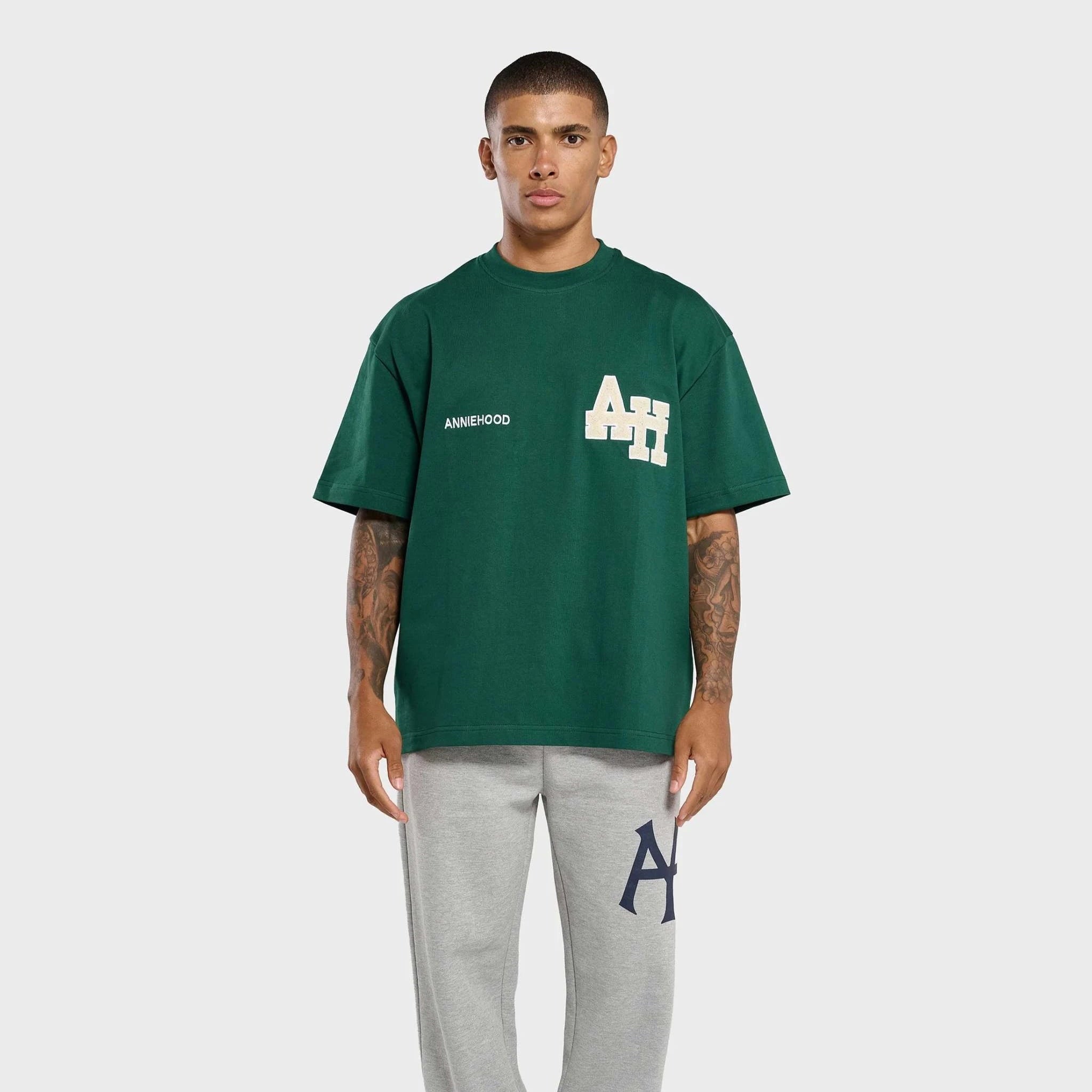 Green Annie Hood College T-shirt with dropped shoulder and embroidery details