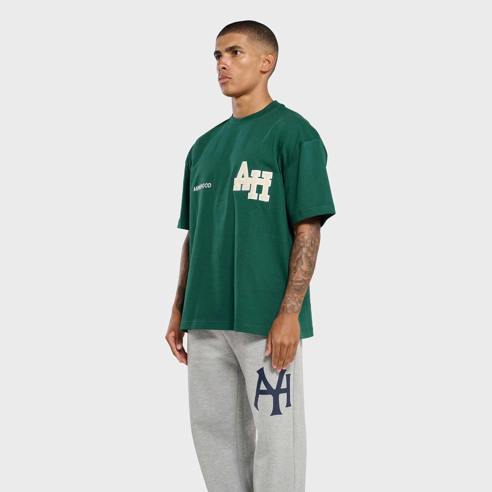 Green Annie Hood College t-shirt with dropped shoulder and embroidery details