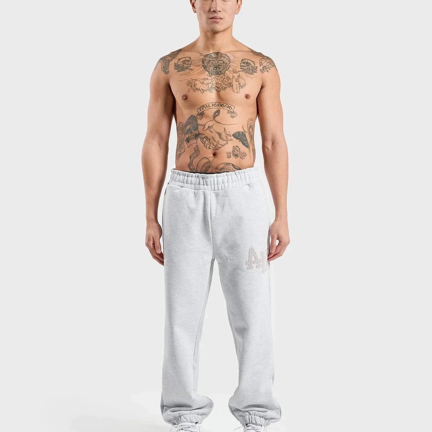ANNIE HOOD College Joggers Grey with double embroidery logos, crafted from premium cotton fleece.