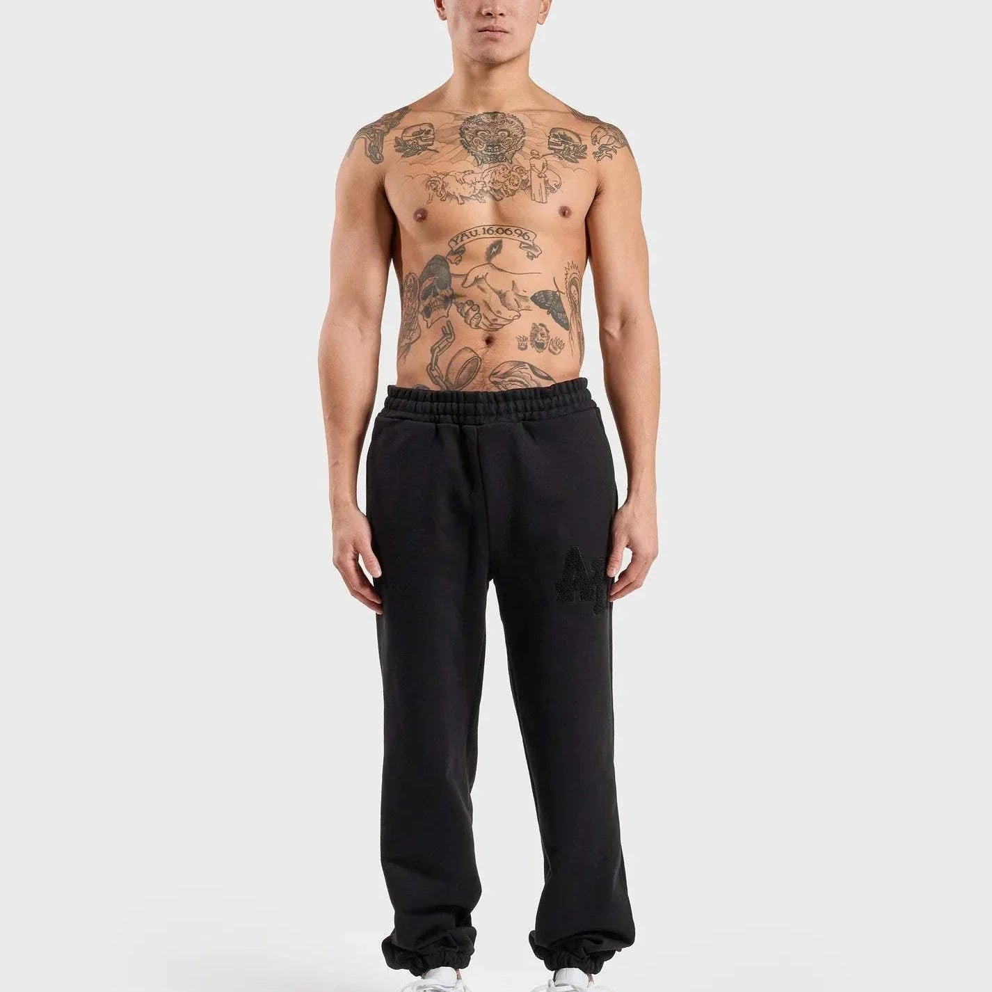 ANNIE HOOD College Joggers Black, double embroidery logos, premium cotton fleece.