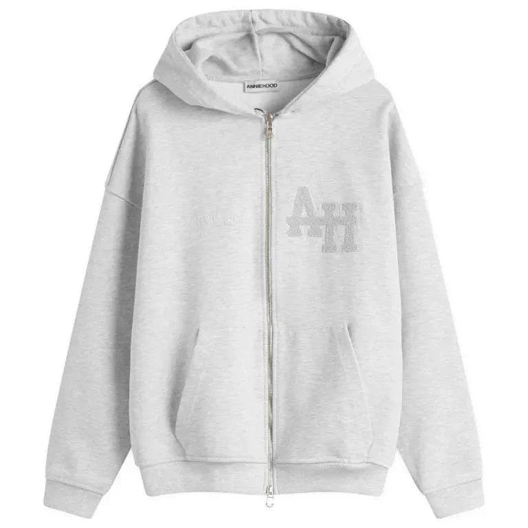 ANNIE HOOD College Zip-Up in Triple Grey with hood and front zipper.