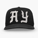 Black Askyurself AY Patch Snapback Cap with Acne Studios style