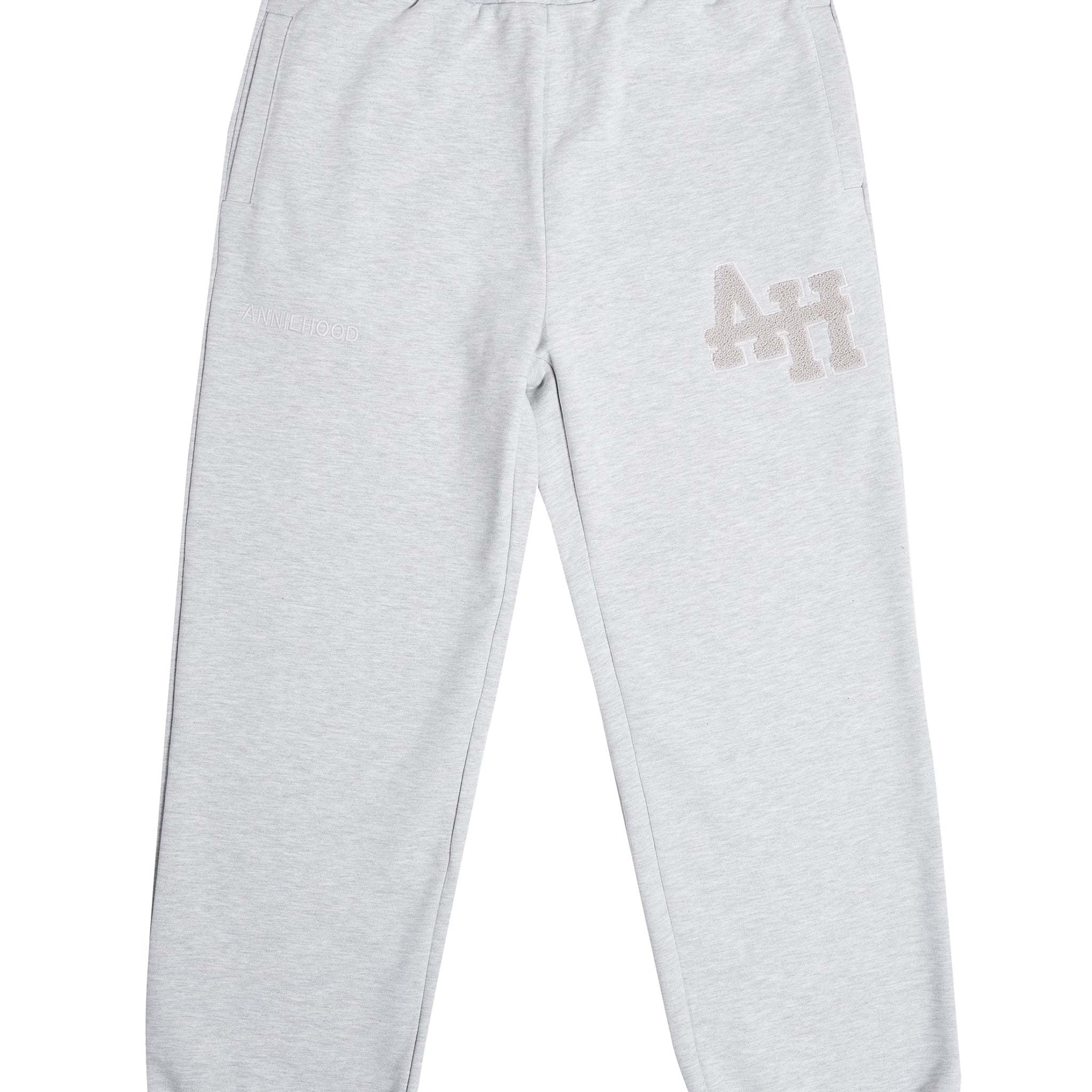 ANNIE HOOD College Joggers Grey with double embroidery logos, crafted from premium cotton fleece.