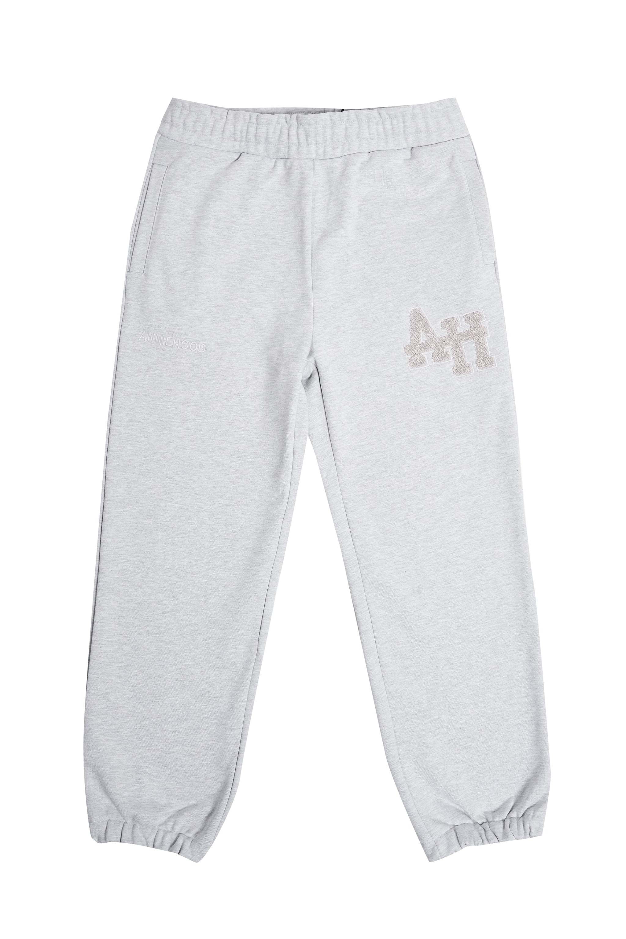 ANNIE HOOD College Joggers Grey with double embroidery logos, crafted from premium cotton fleece.
