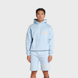 Man wearing baby blue ANNIE HOOD College Hoody with dropped shoulder and double embroidery logo