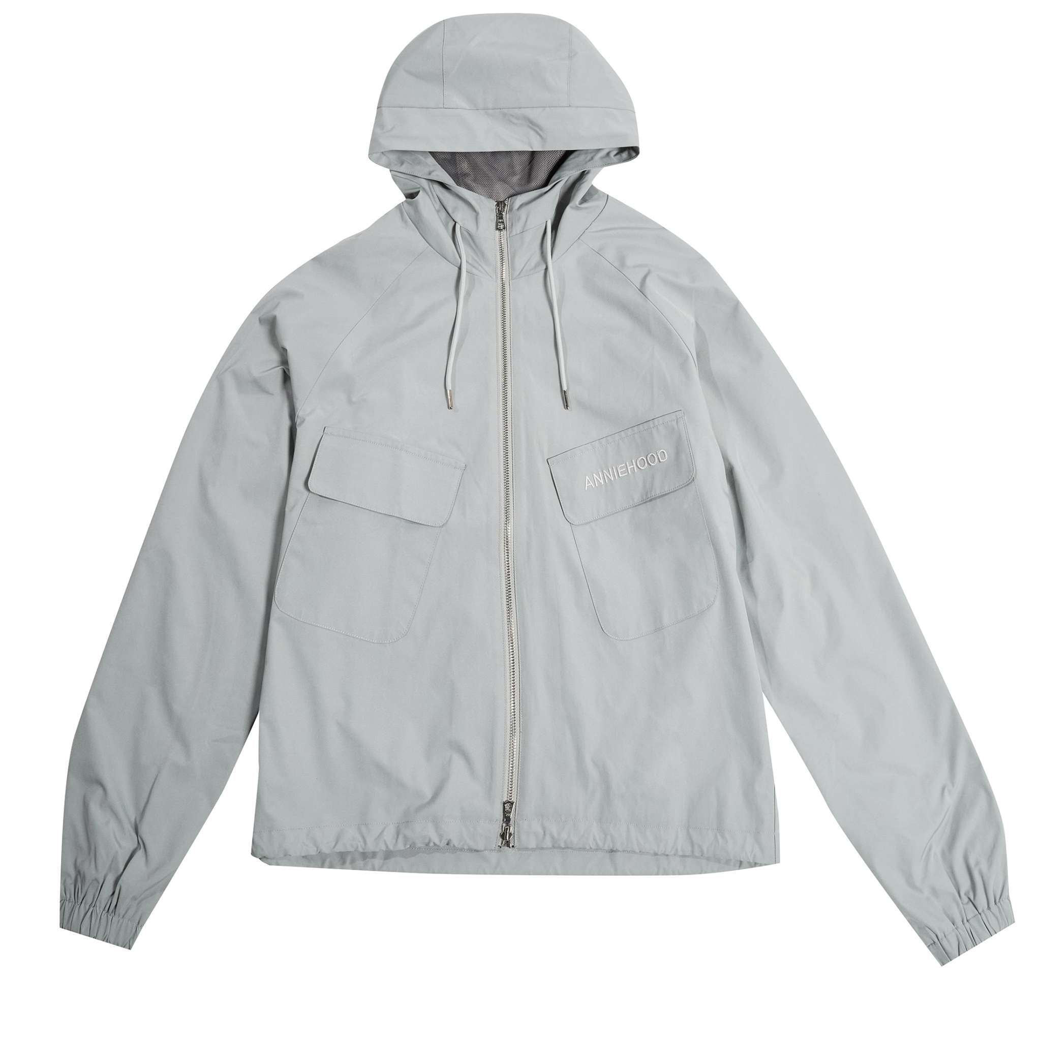 ANNIE HOOD Nylon Jacket in silver with hood, patch pockets, and Riri zipper.