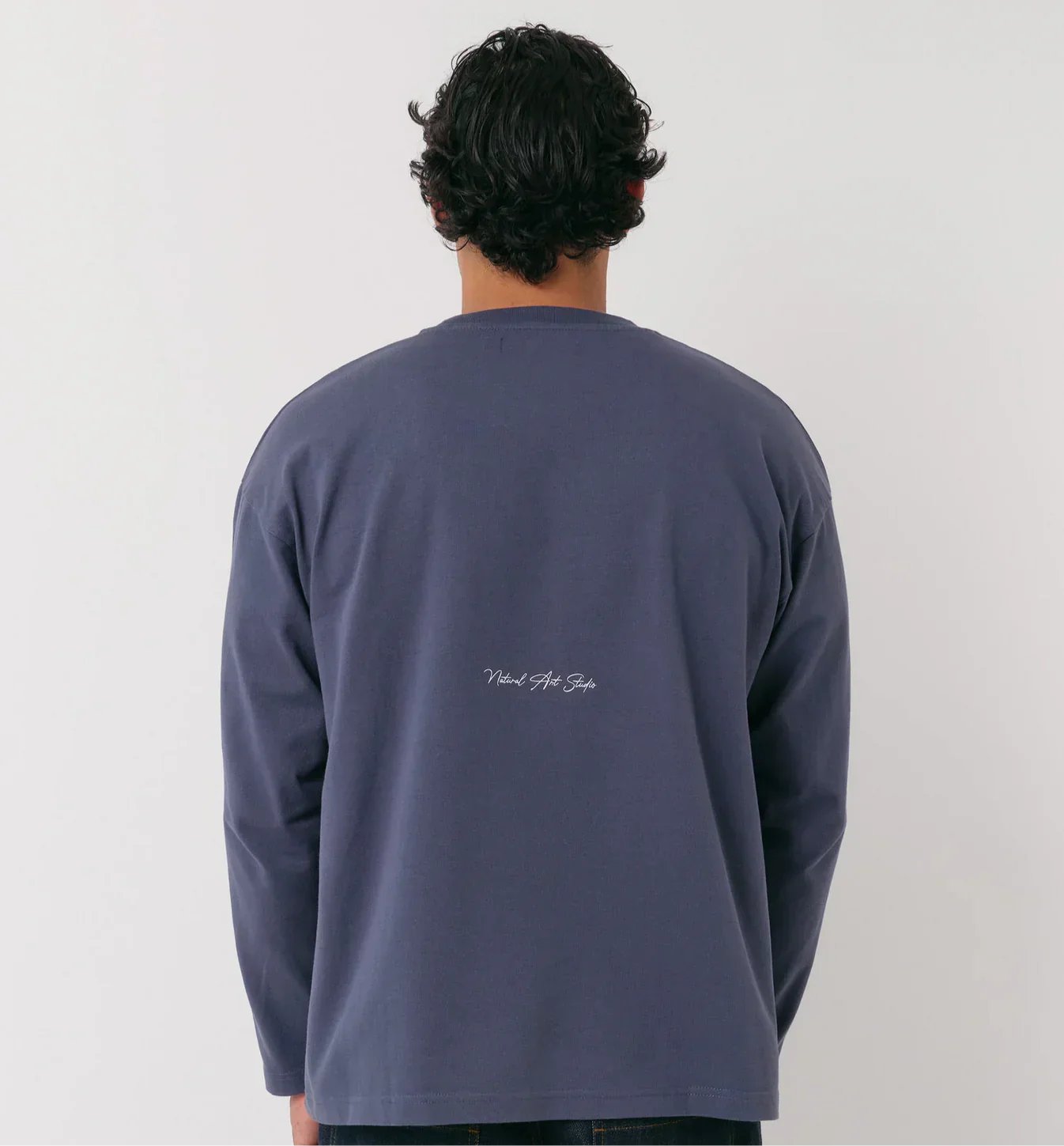 Natural Art Studio navy long sleeve shirt with back screen print logo and boxy fit