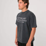 Natural Art Studio faded print washed charcoal cotton t-shirt with front and back logo, boxy fit and oversized drop shoulder