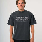 Natural Art Studio faded print washed charcoal 100% cotton boxy fit t-shirt with front and back screen print logo