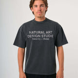 Natural Art Studio faded print washed charcoal 100% cotton boxy fit t-shirt with front and back screen print logo