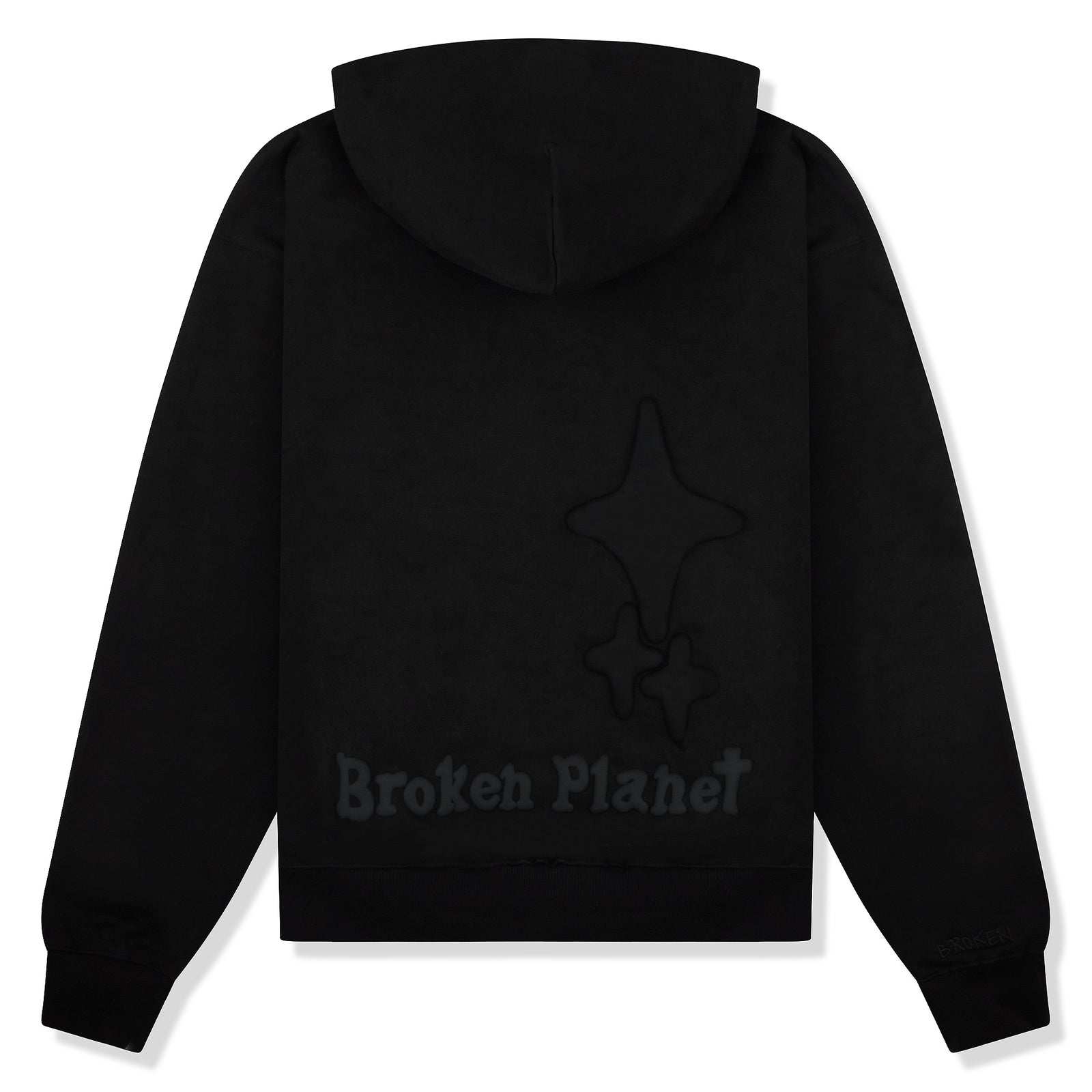 Black hoodie featuring "Broken Planet" text and abstract design on the back.