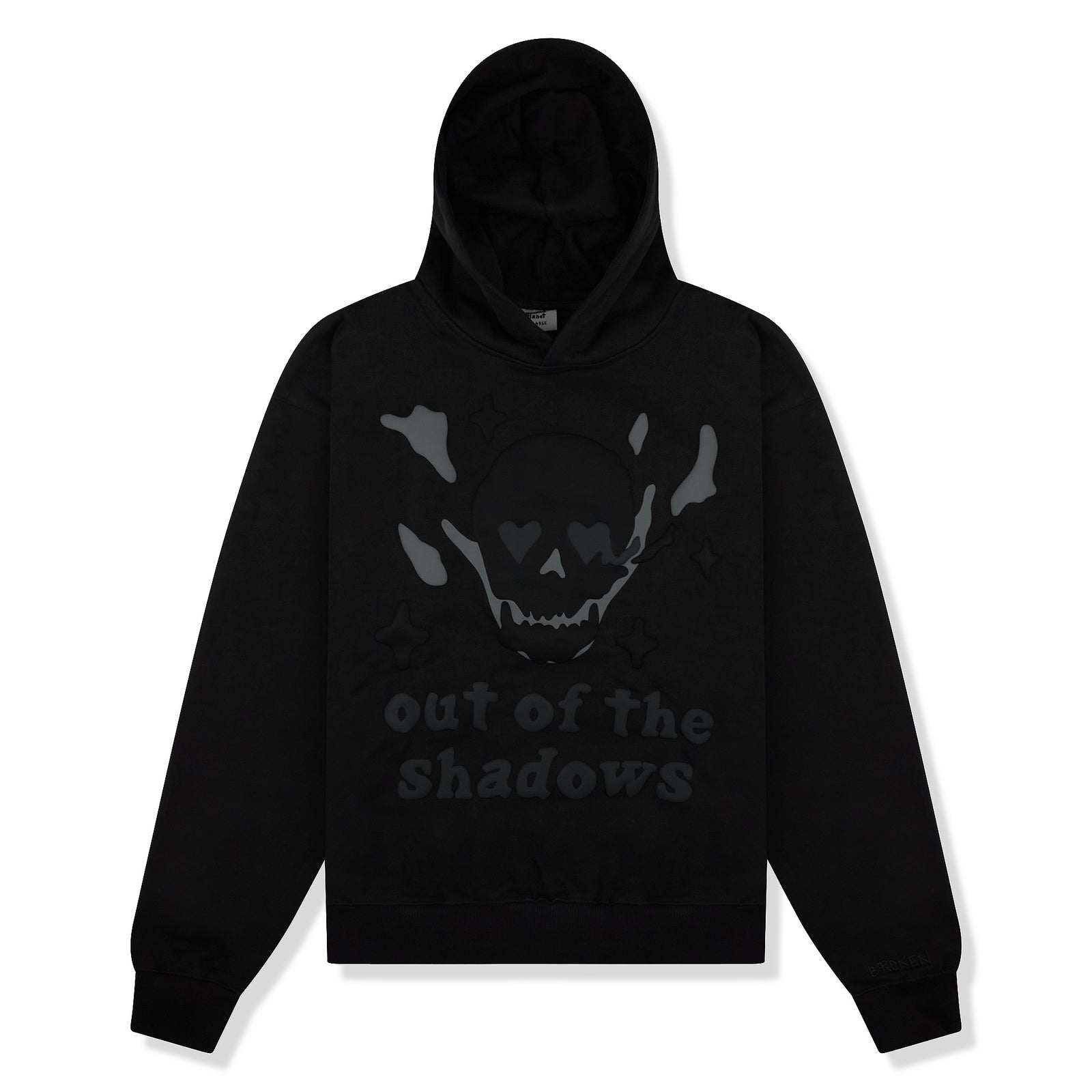 Black Broken Planet "Out Of The Shadows" hoodie with skull design.