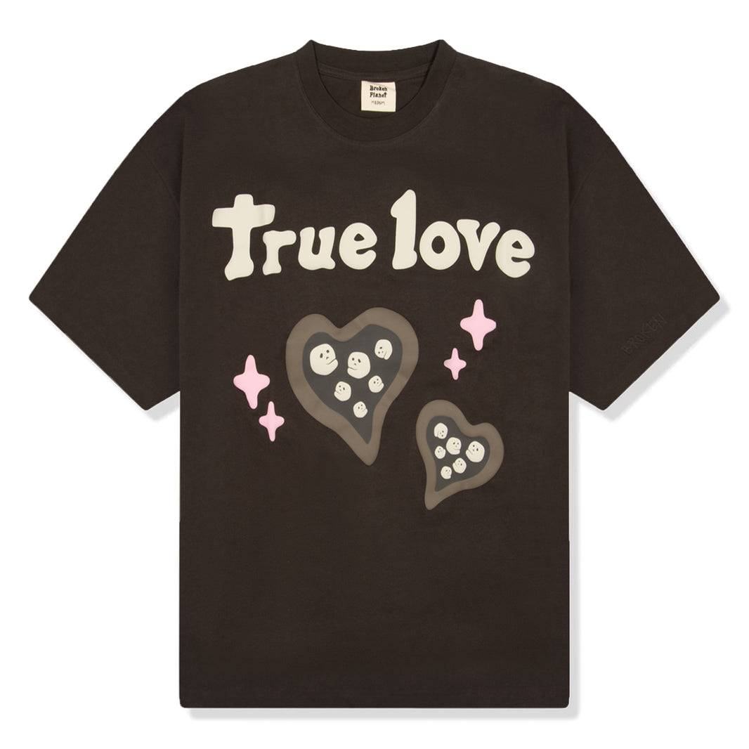 Broken Planet True Love Dark Brown T-Shirt with heart graphics.