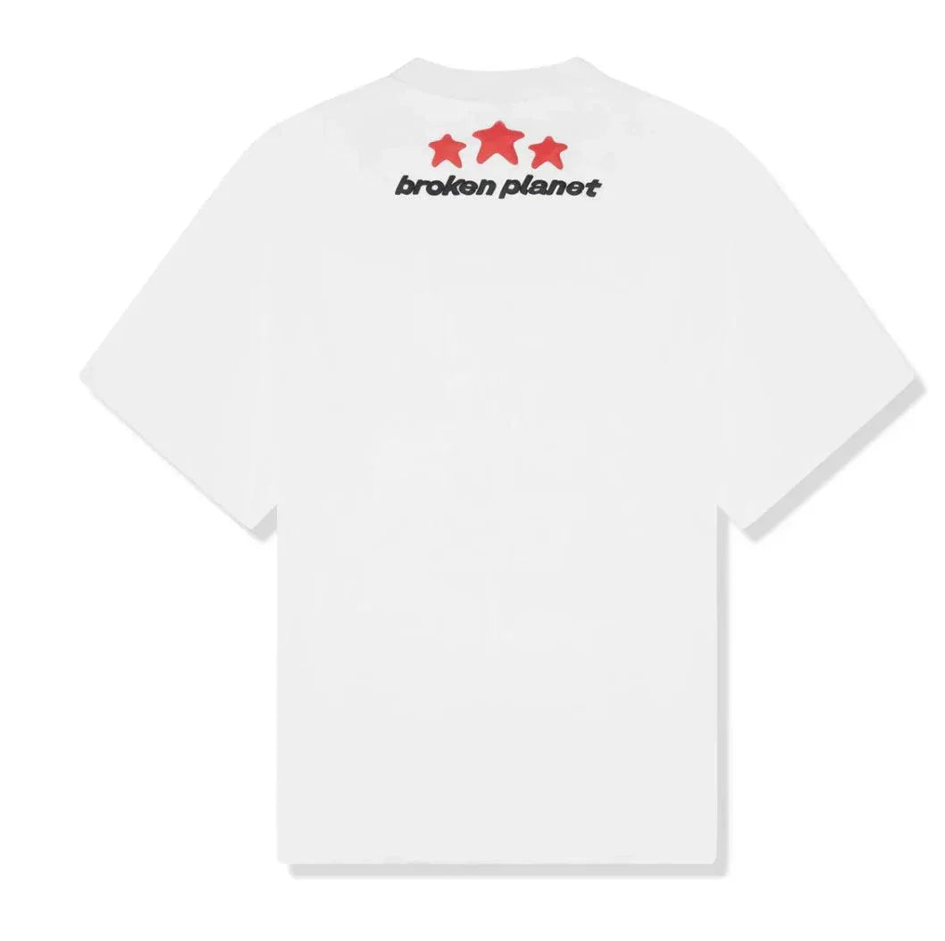 Broken Planet Make Planet Great Again white T-shirt, back view with red stars and logo.