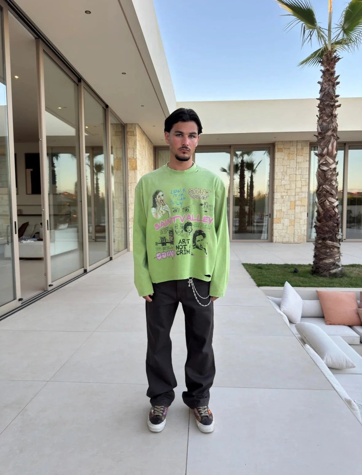 Green Suavo World Mom long sleeve shirt with faded lime wash and vintage distressed detailing