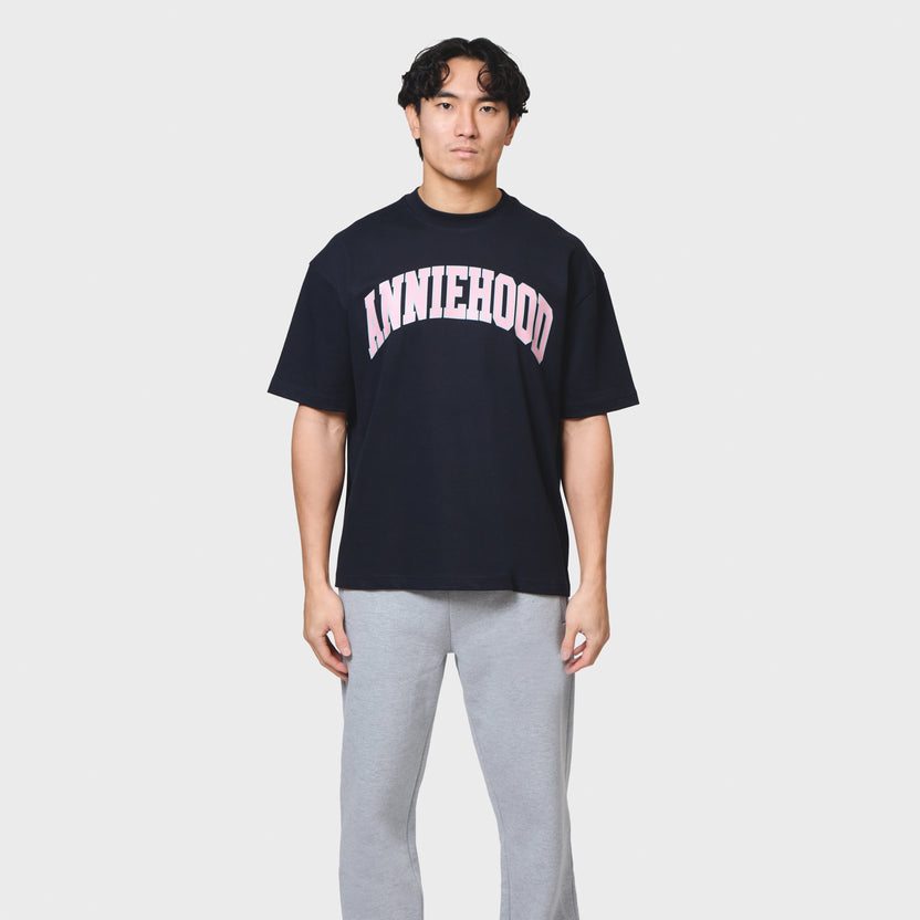 Navy ANNIE HOOD COLLEGE relaxed fit cotton t-shirt worn by 6'0" model in medium size