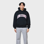Navy ANNIE HOOD COLLEGE arch hoody in 500gsm brushback cotton with relaxed fit modeled by tall man
