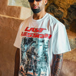 Last Lesson white track t-shirt with bold design