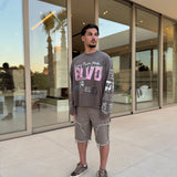 Suavo World Boulevard long sleeve charcoal shirt with vintage wash and detailed sketch artwork