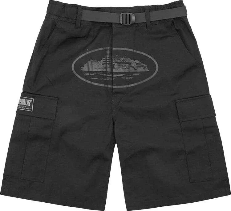 CORTEIZ ALCATRAZ triple black cargo shorts with pockets and belt.