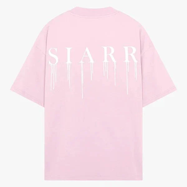 Pink Siarr Relaxed Drip Tee with white dripping logo design on back