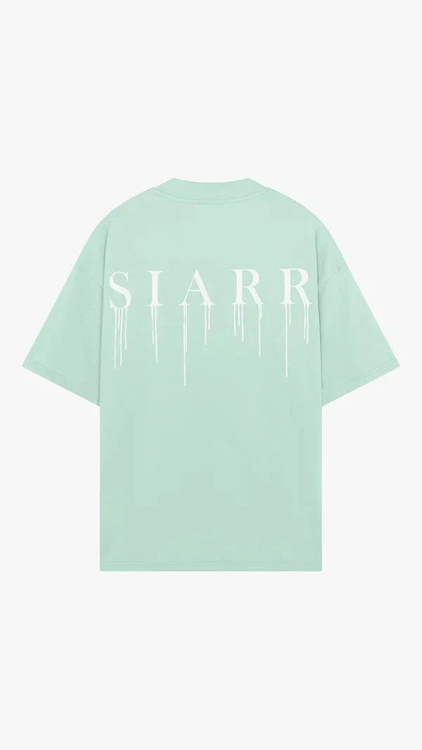 Siarr Relaxed Drip Tee mint green back view with white dripping logo text