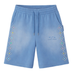 Blue Suavo World studded sweat shorts with rhinestone side panels and Suavo London logo