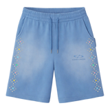 Blue Suavo World studded sweat shorts with rhinestone side panels and Suavo London logo