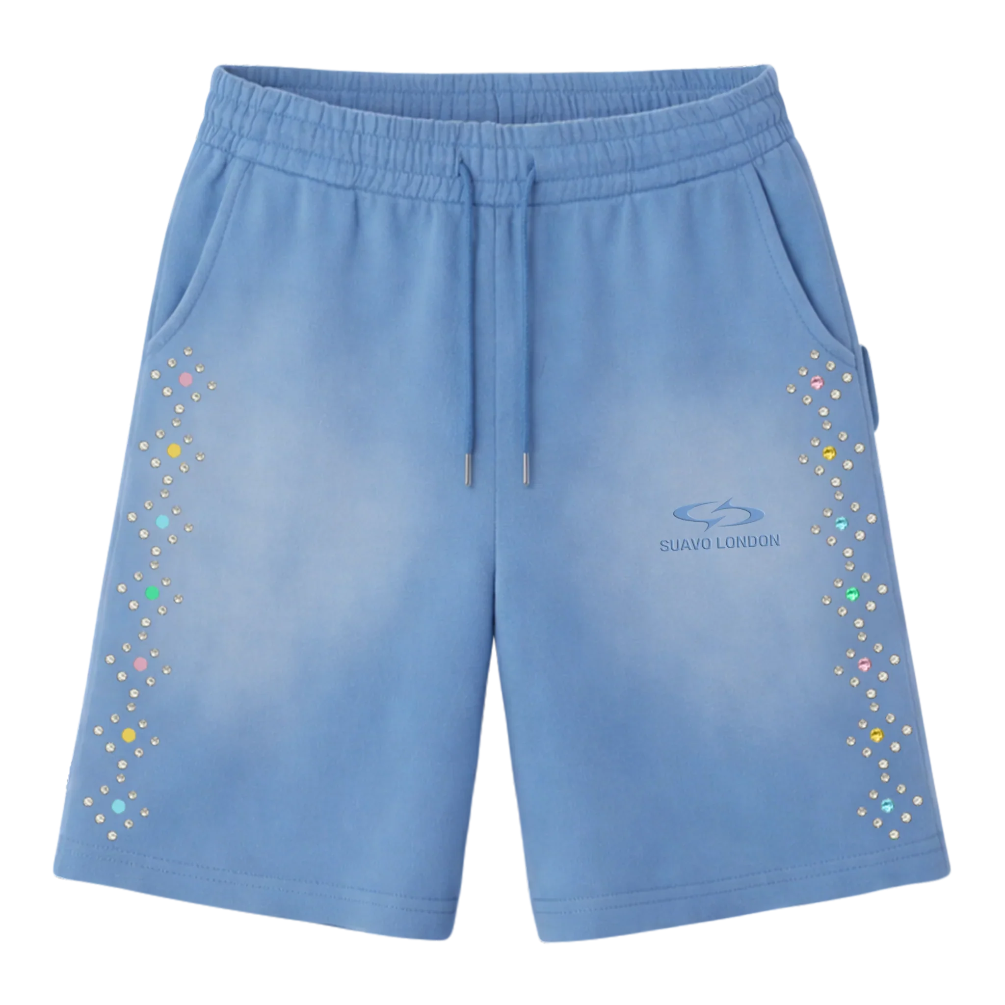 Blue Suavo World studded sweat shorts with rhinestone side panels and Suavo London logo