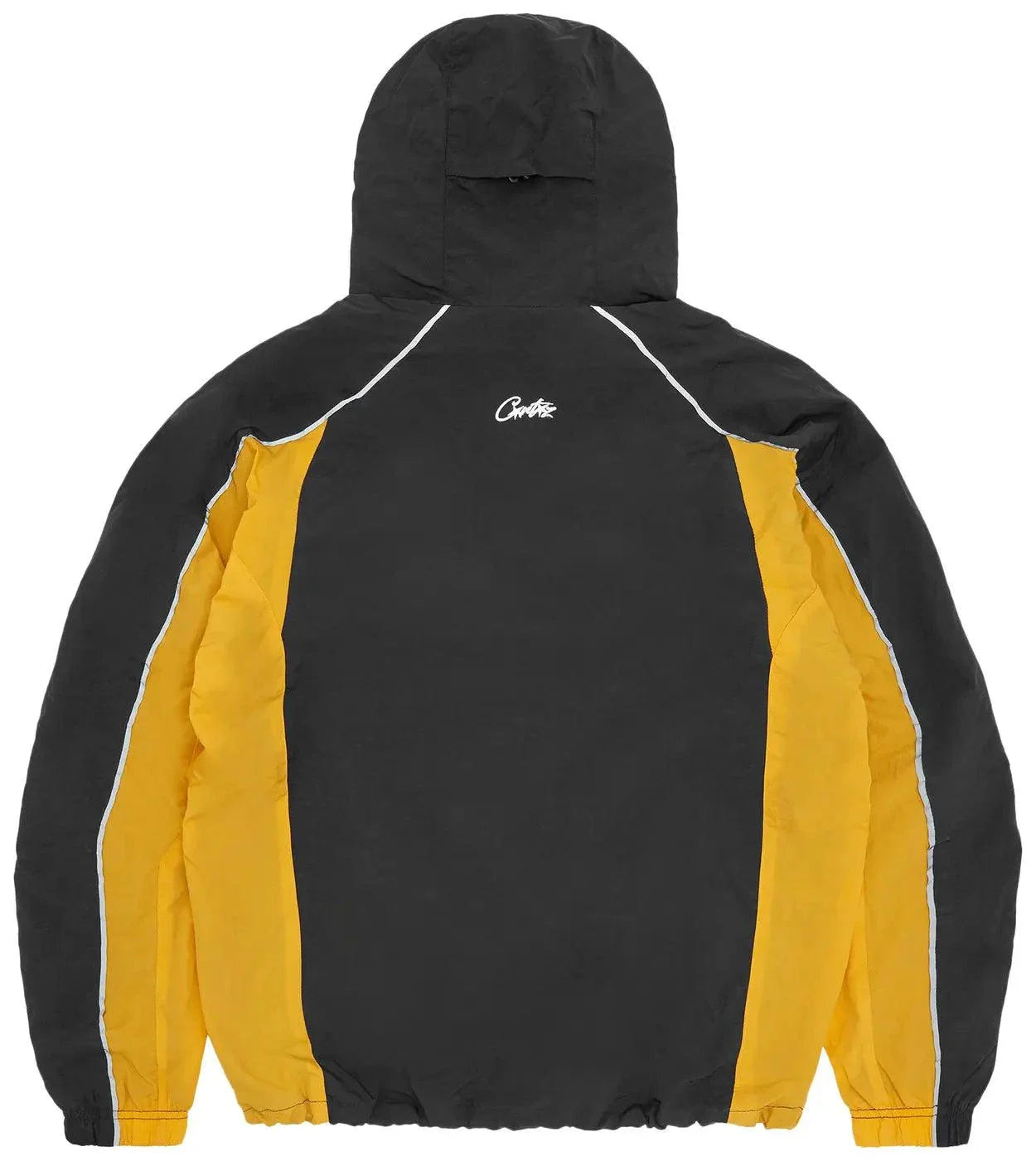 Corteiz Spring Jacket in black and yellow with hood.