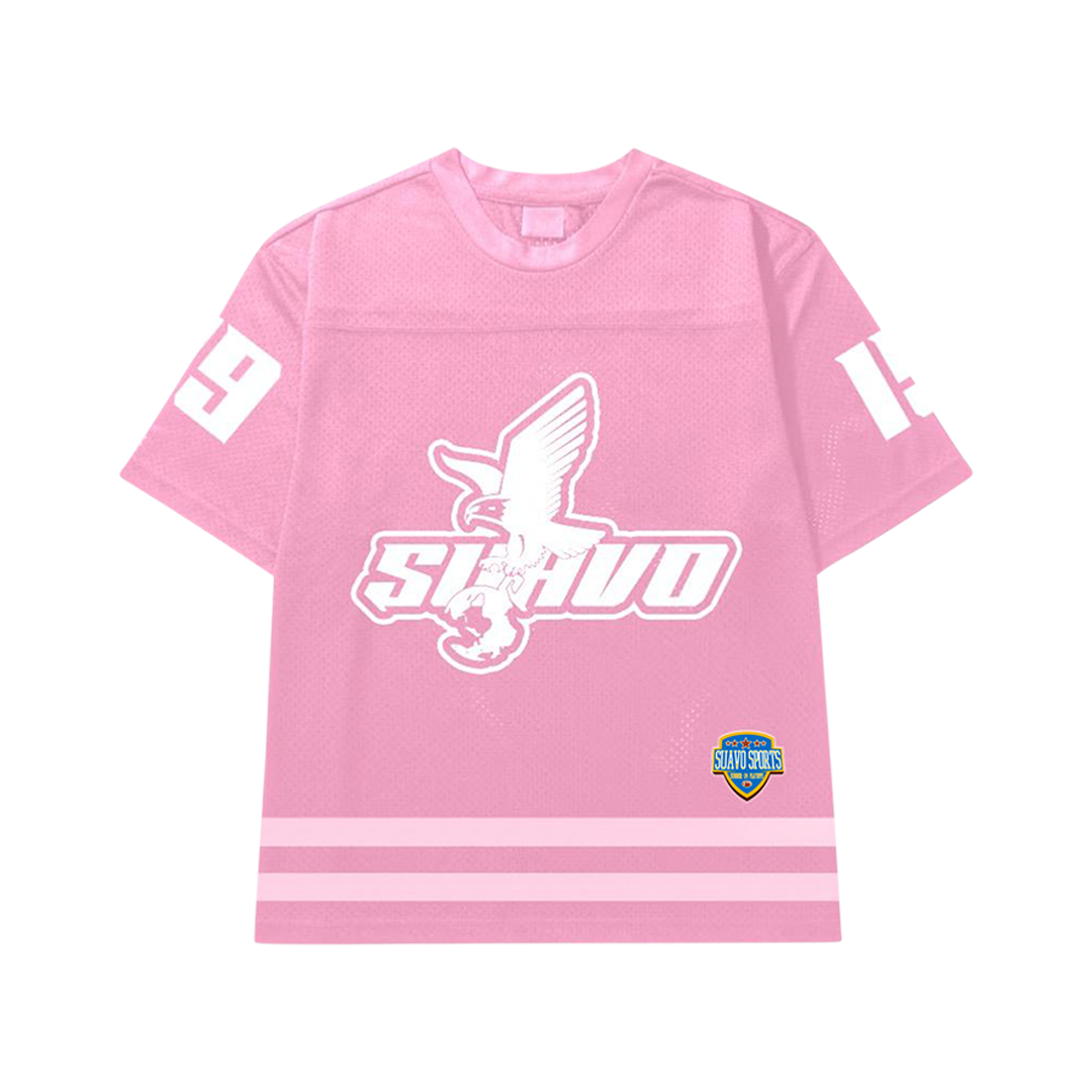 Suavo World Eagle Mesh Jersey in Salmon Pink with embroidered logo and Suavo "19" design.