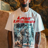 White Last Lesson track t-shirt with bold graphic design