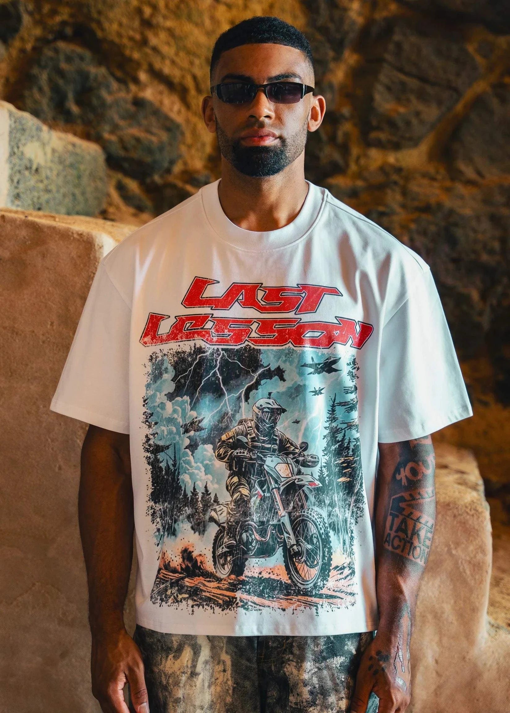 White Last Lesson track t-shirt with bold graphic design