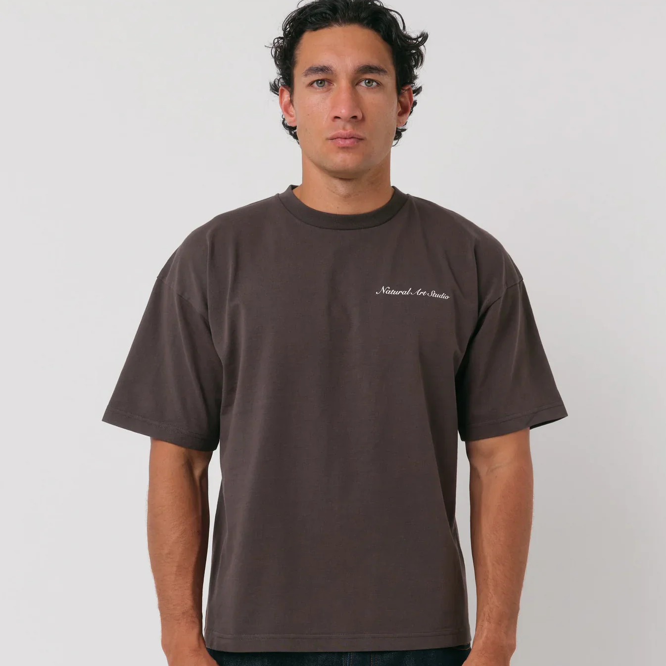 Natural Art Studio Classic Logo Tee in brown with DTG front logo, 100% cotton, boxy fit.