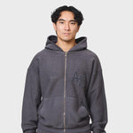 ANNIE HOOD COLLEGE ZIP washed black brushed cotton relaxed fit garment dye hoodie
