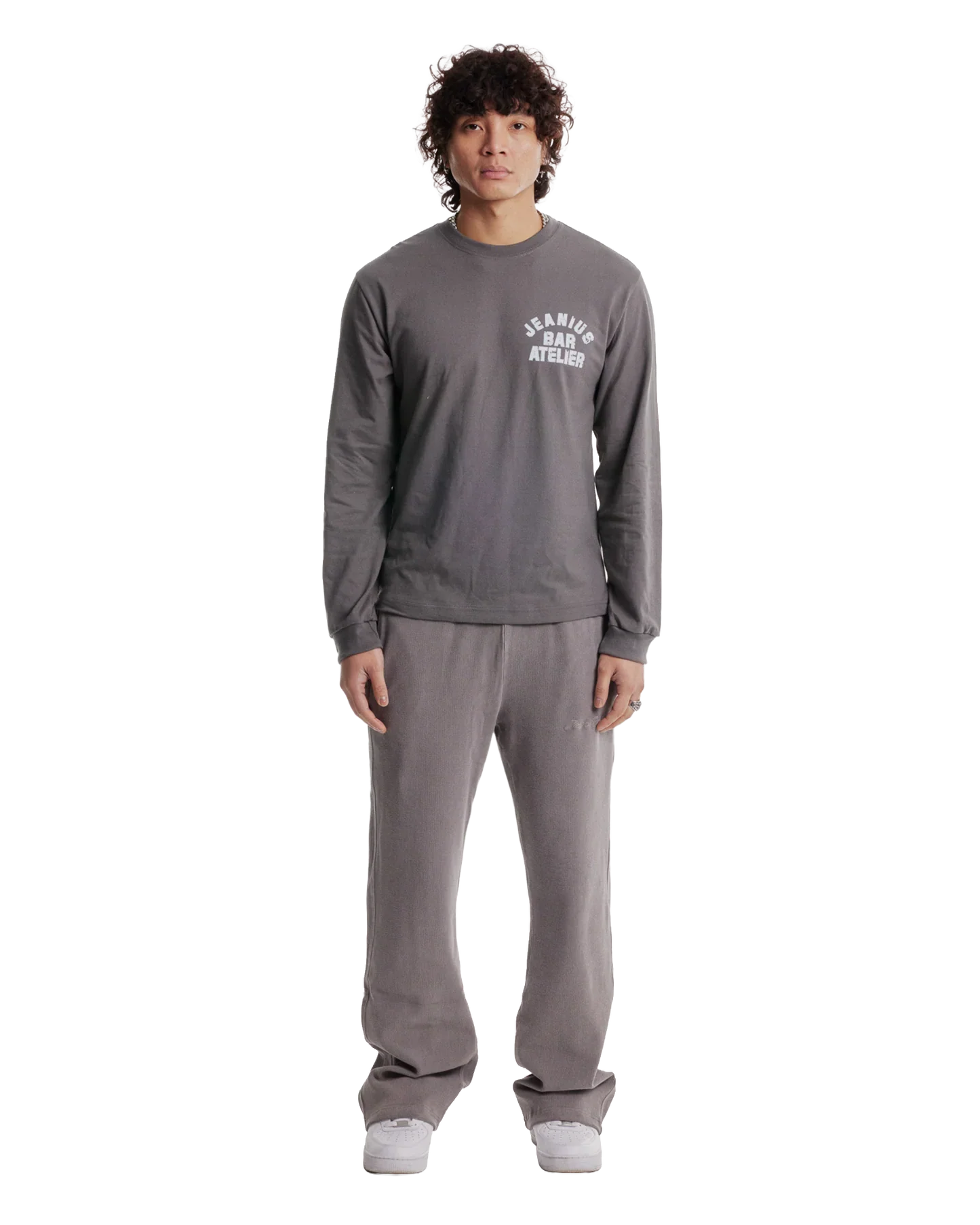 Jeanius Bar Atelier varsity long sleeve grey and white t-shirt with relaxed boxy fit and ribbed collar