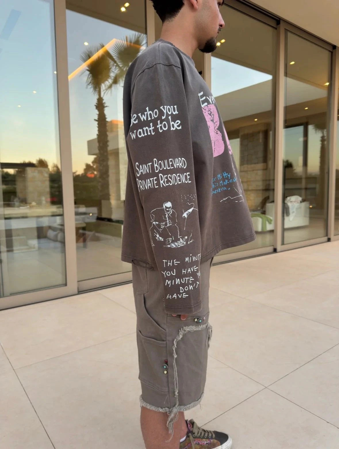 Suavo World Boulevard charcoal long sleeve with vintage wash and detailed sketch artwork