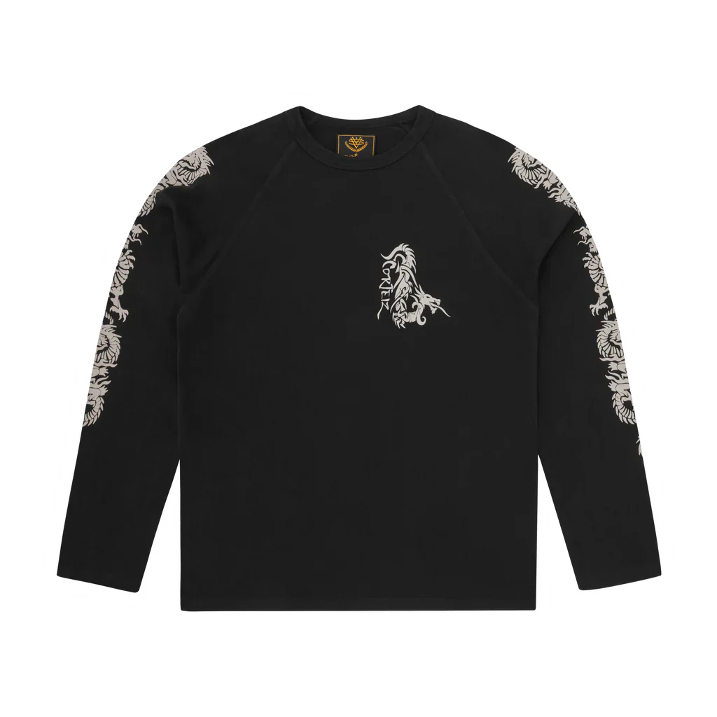 Black Corteiz Dragon Ragan long sleeve shirt with dragon graphics on chest and sleeves