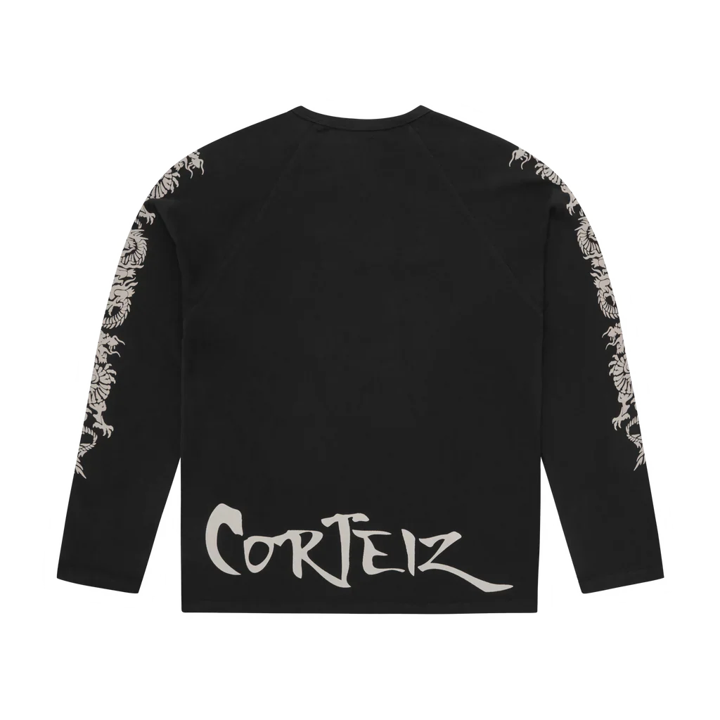 Black Corteiz Dragon Ragan longsleeve with dragon design on sleeves and Corteiz logo on lower back