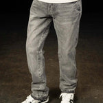 Siarr Flared Jeans in Triple Grey with 32-inch leg length and open hem, 100% denim flared fit