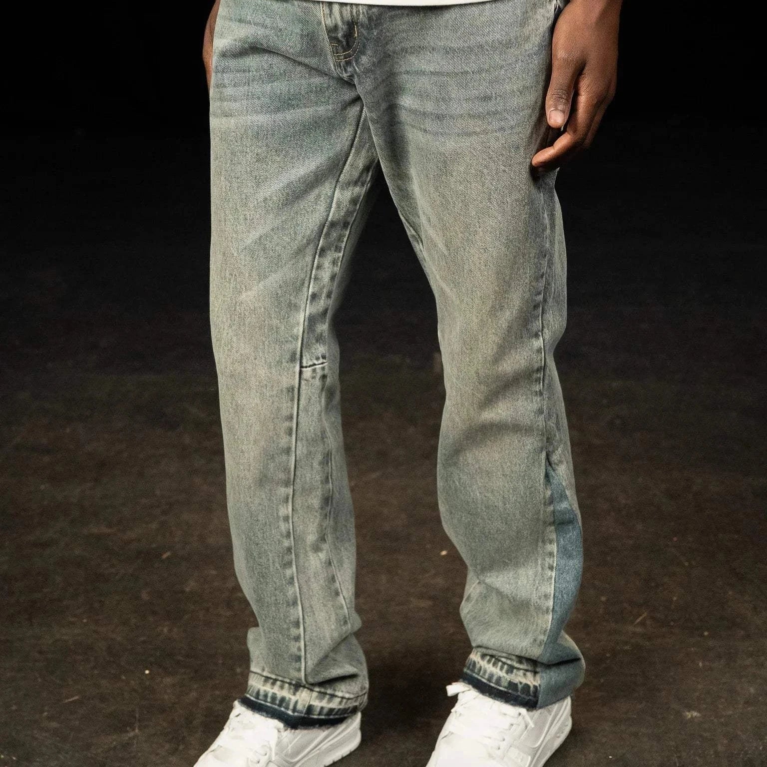 Siarr Flared Jeans Dusty Blue with branded rivet buttons and open hem in 100% denim