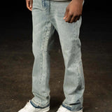 Siarr Flared Jeans in triple blue denim with open hem and branded rivet buttons