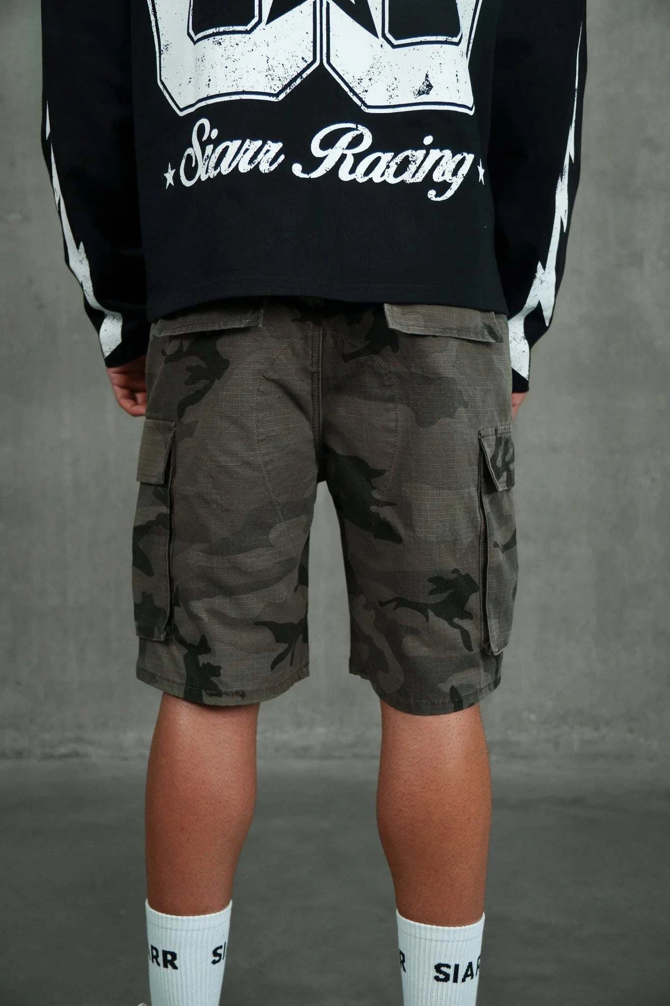 Siarr Camo Shorts black with cargo pockets and belt loops made of 100% cotton
