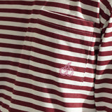 Close-up of Cherry Location OG Stripe T-Shirt with red and white stripes and cherry embroidery on pocket