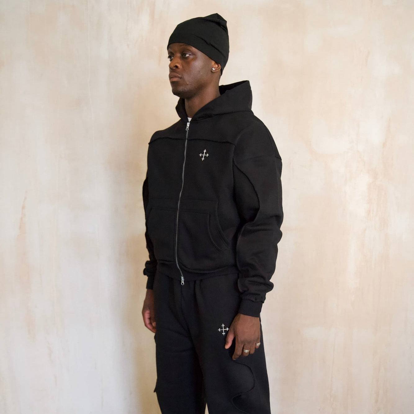 Black Saint Mind Wavy Zip Up Hoodie with metallic logo and reversed seam details