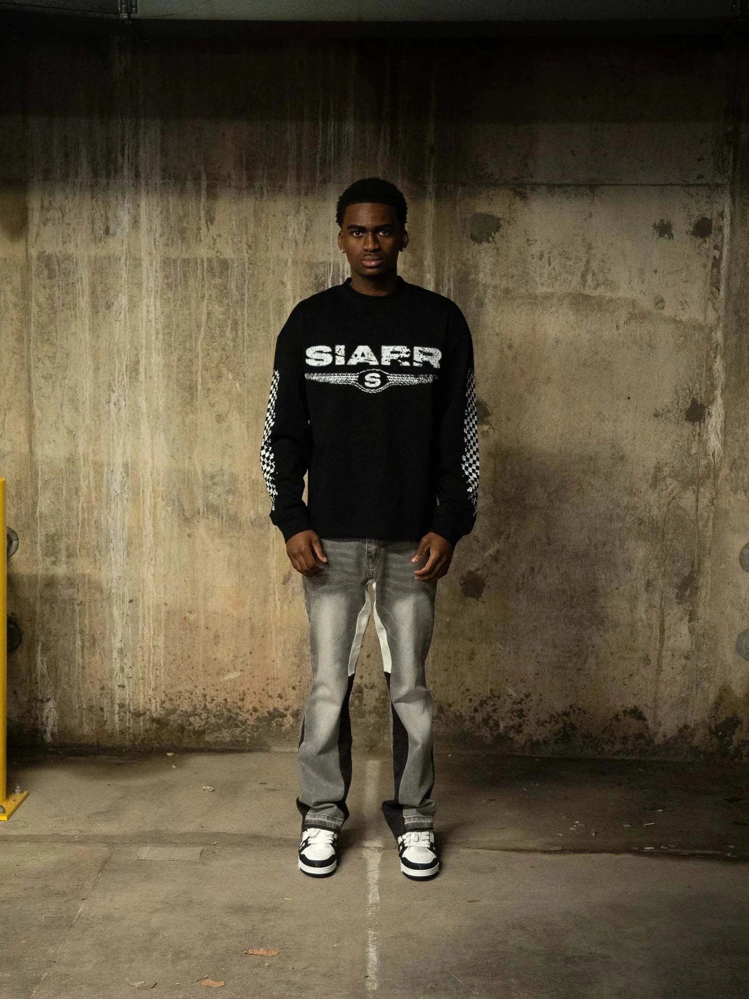 Siarr Chequered L/S Tee black oversized fit ribbed neck heavyweight cotton shirt
