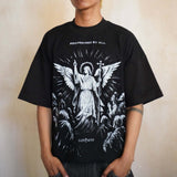 Saint Mind black oversized boxy fit T-shirt with printed logo, 100% cotton, 280gsm, modeled by 5ft10 male, size medium